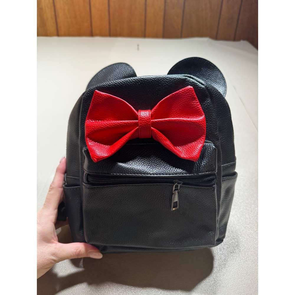 Minnie Mouse Inspired Mini Backpack Black Faux Leather Red Bow Ears Crossbody